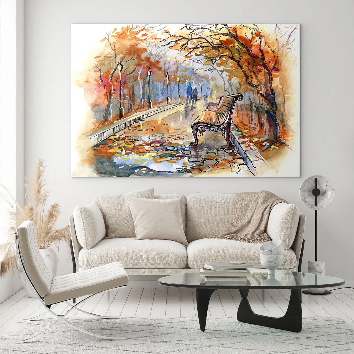 Obraz na szkle - Jesienna alejka z ławką w artystycznym stylu akwarelowym - 70x50cm - Razem powędrować w jesień - Nowoczesna dekoracja ścienna do salonu i sypialni ARTTOR
