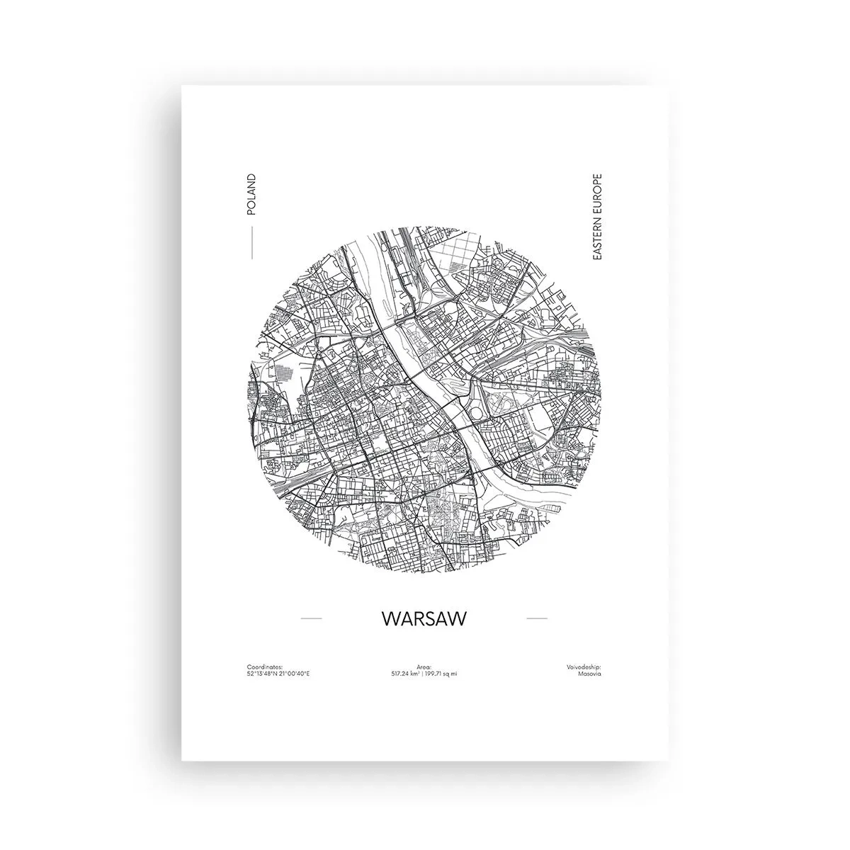 Plakat - Minimalistyczna mapa Warszawy w okręgu - 50x70cm - Anatomia Warszawy - Nowoczesna dekoracja ścienna do salonu, kuchni i sypialni ARTTOR