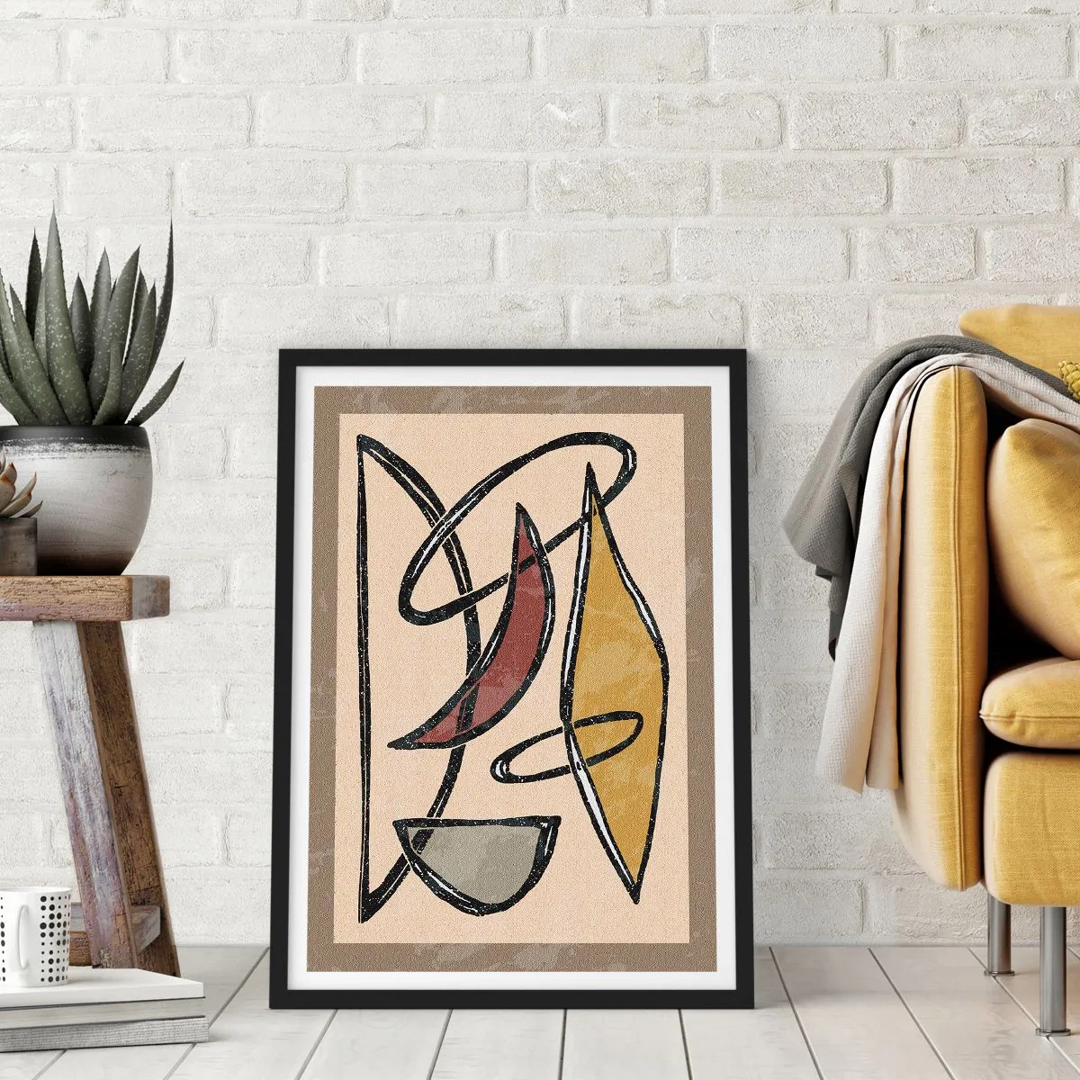 Plakat w czarnej ramie - Abstrakcyjna kompozycja geometryczna w odcieniach beżu i czerni - 50x70cm - Kompozycja – łuki i owale - Nowoczesna dekoracja ścienna do salonu i sypialni ARTTOR