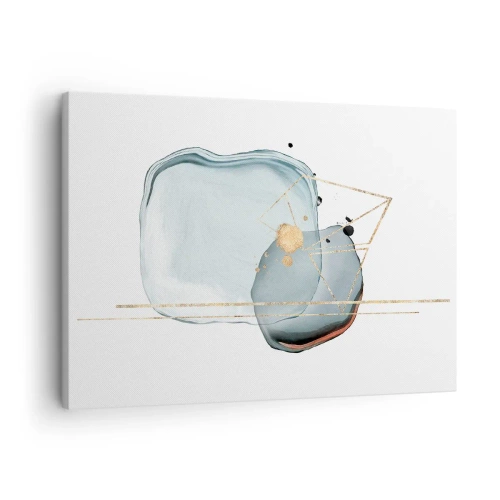 Obraz na płótnie - Abstrakcyjne formy w odcieniach błękitu i złota na białym tle - 70x50cm - Studium kropli - Nowoczesna dekoracja ścienna do salonu i sypialni ARTTOR