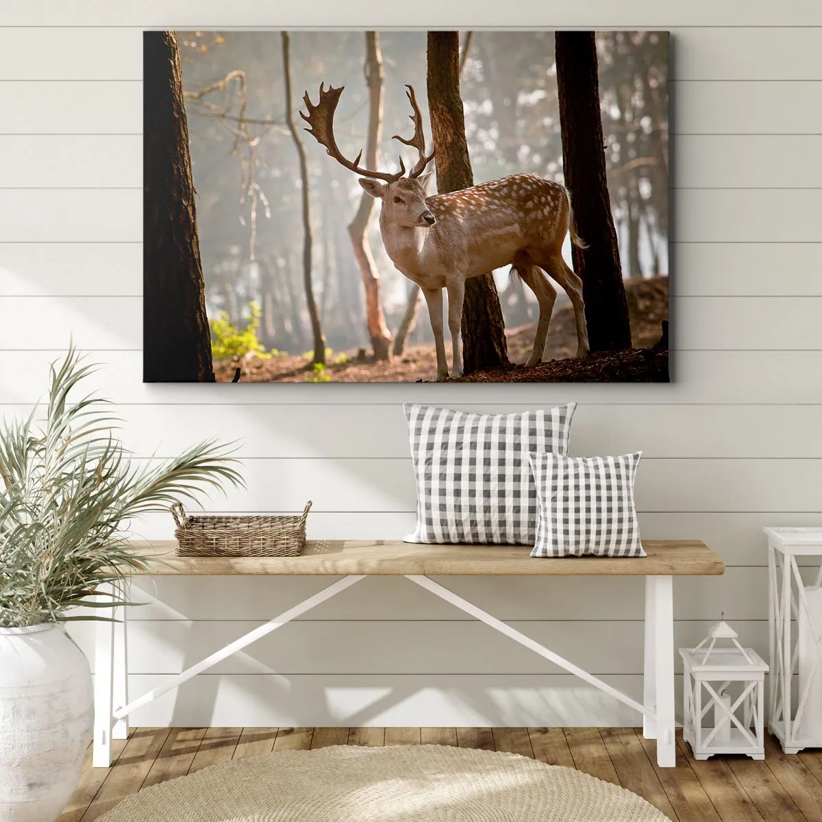 Obraz na płótnie - Jeleń w lesie w porannej mgle - 100x70cm - Światło młodości - Nowoczesna dekoracja ścienna do salonu, kuchni i sypialni ARTTOR