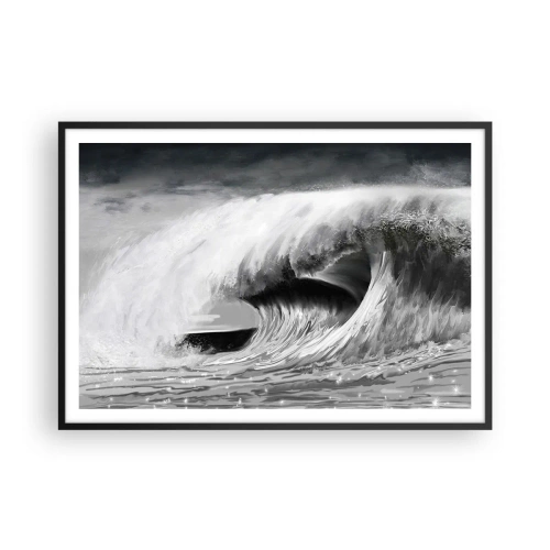 Plakat w czarnej ramie - Dramatyczna fala oceaniczna w monochromatycznym ujęciu - 100x70cm - Gniew oceanu - Nowoczesna dekoracja ścienna do salonu i sypialni ARTTOR