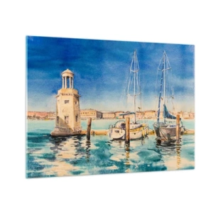 Obraz na szkle - Akwarelowa marina z latarnią i zacumowanymi jachtami - 70x50cm - Słoneczna laguna - Nowoczesna dekoracja ścienna do salonu i sypialni ARTTOR