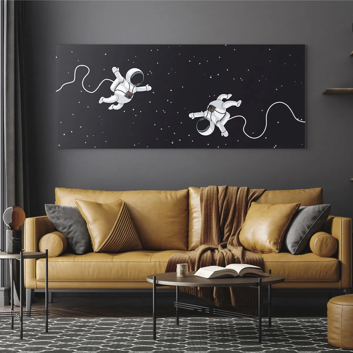 Obraz na szkle - Astronauci unoszący się w kosmosie na tle gwiazd - 120x50cm - Kosmiczny pląs - Nowoczesna dekoracja ścienna do salonu i sypialni ARTTOR