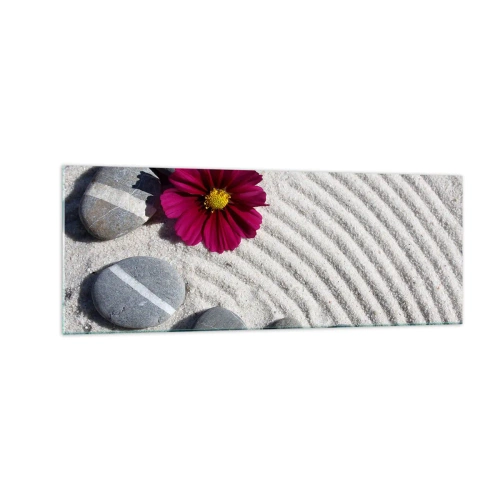 Obraz na szkle - Kamienie i różowy kwiat na piasku w stylu zen - 140x50cm - Energia i spokój magicznego kręgu natury - Nowoczesna dekoracja ścienna do salonu i sypialni ARTTOR