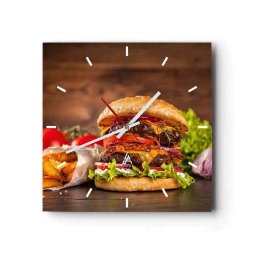 Zegar ścienny - Apetyczny burger z dodatkami - 30x30cm - Zakazany owoc - Nowoczesna dekoracja ścienna do salonu i sypialni ARTTOR