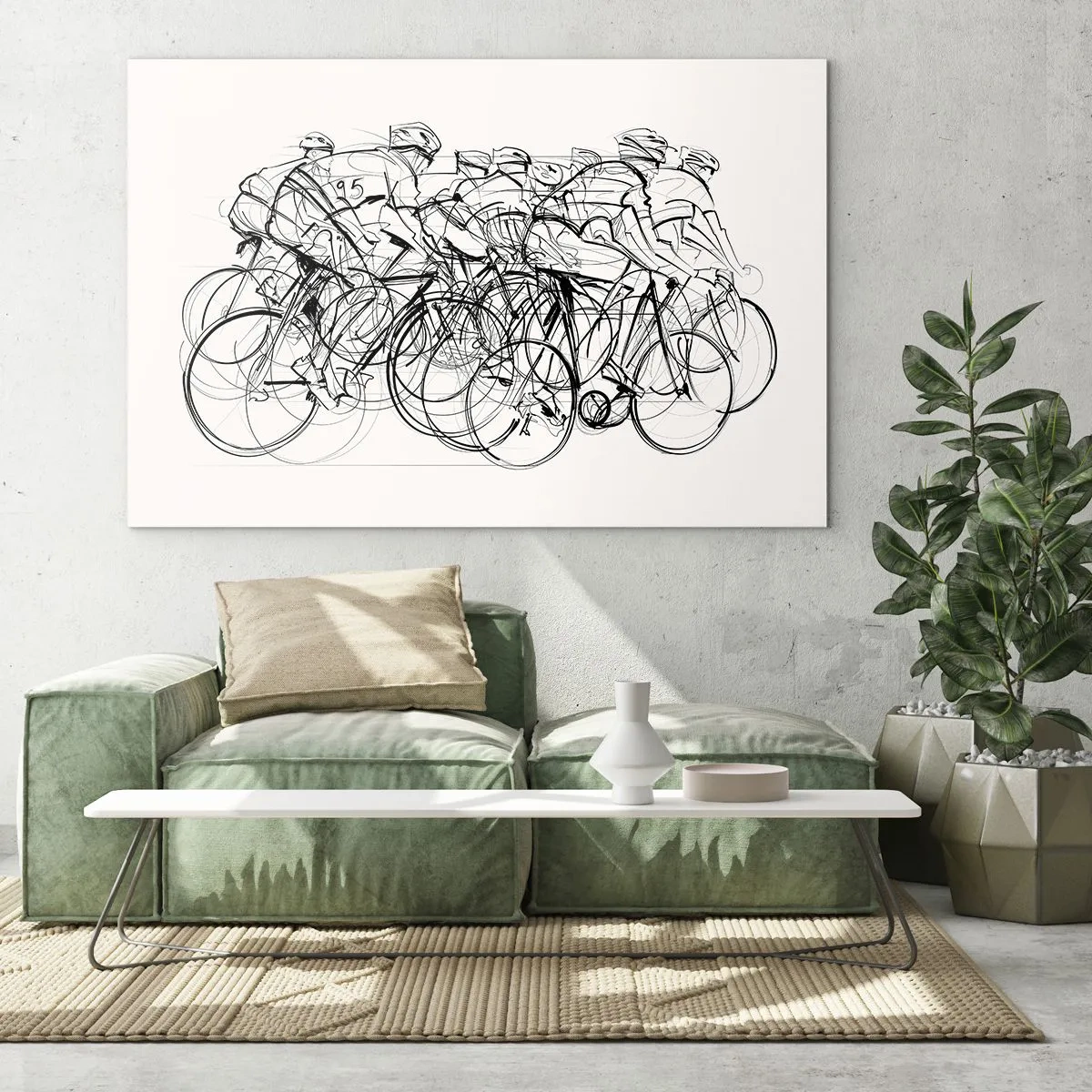Obraz na szkle - Szkic grupy rowerzystów podczas wyścigu na białym tle - 100x70cm - Wespół w zespół - Nowoczesna dekoracja ścienna do salonu, kuchni i sypialni ARTTOR