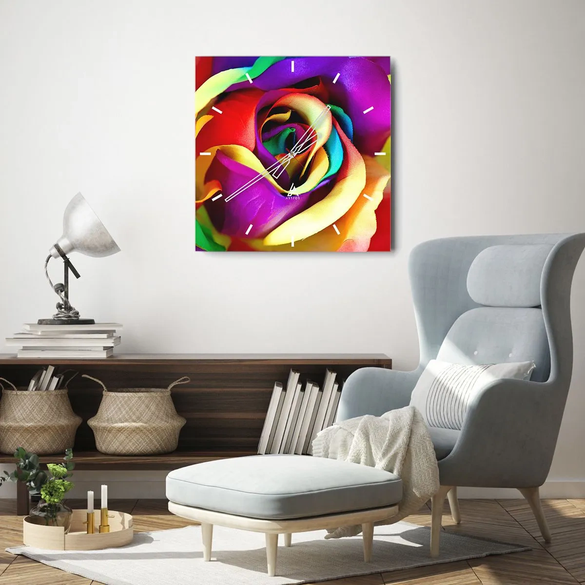 Zegar ścienny - Barwna róża w tęczowych odcieniach - 30x30cm - To niemożliwe - Nowoczesna dekoracja ścienna do salonu i sypialni ARTTOR