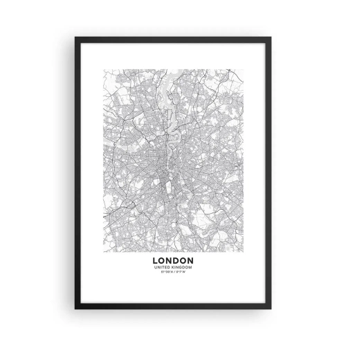 Plakat w czarnej ramie - Czarno-biała mapa Londynu z dokładnymi szczegółami ulic - 50x70cm - Mapa londyńskiego labiryntu - Nowoczesna dekoracja ścienna do salonu i sypialni ARTTOR