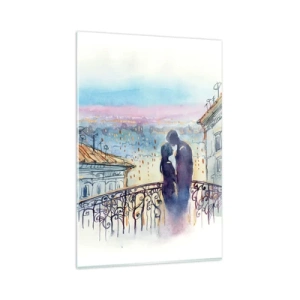 Obraz na szkle - Romantyczna para na balkonie z widokiem na miasto - 80x120cm - Paryscy kochankowie - Nowoczesna dekoracja ścienna do salonu i sypialni ARTTOR