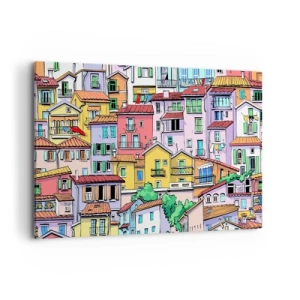Obraz na płótnie - Kolorowe kamienice w żywej, radosnej stylistyce - 120x80cm - Wesołe miasto - Nowoczesna dekoracja ścienna do salonu, kuchni i sypialni ARTTOR
