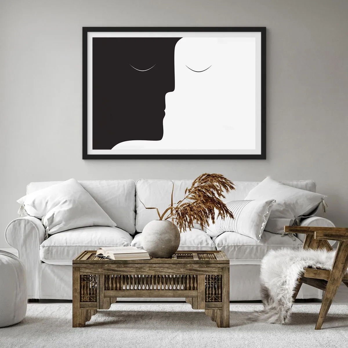 Plakat w czarnej ramie - Minimalistyczna sylwetka dwóch twarzy w kontrastowych kolorach - 70x50cm - Jedność przeciwieństw - Nowoczesna dekoracja ścienna do salonu i sypialni ARTTOR