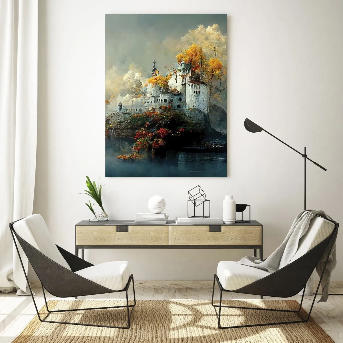 Obraz na szkle - Zamek na skale otoczony mgłą i jesiennymi drzewami - 50x70cm - Początek romantycznej opowieści - Nowoczesna dekoracja ścienna do salonu, kuchni i sypialni ARTTOR