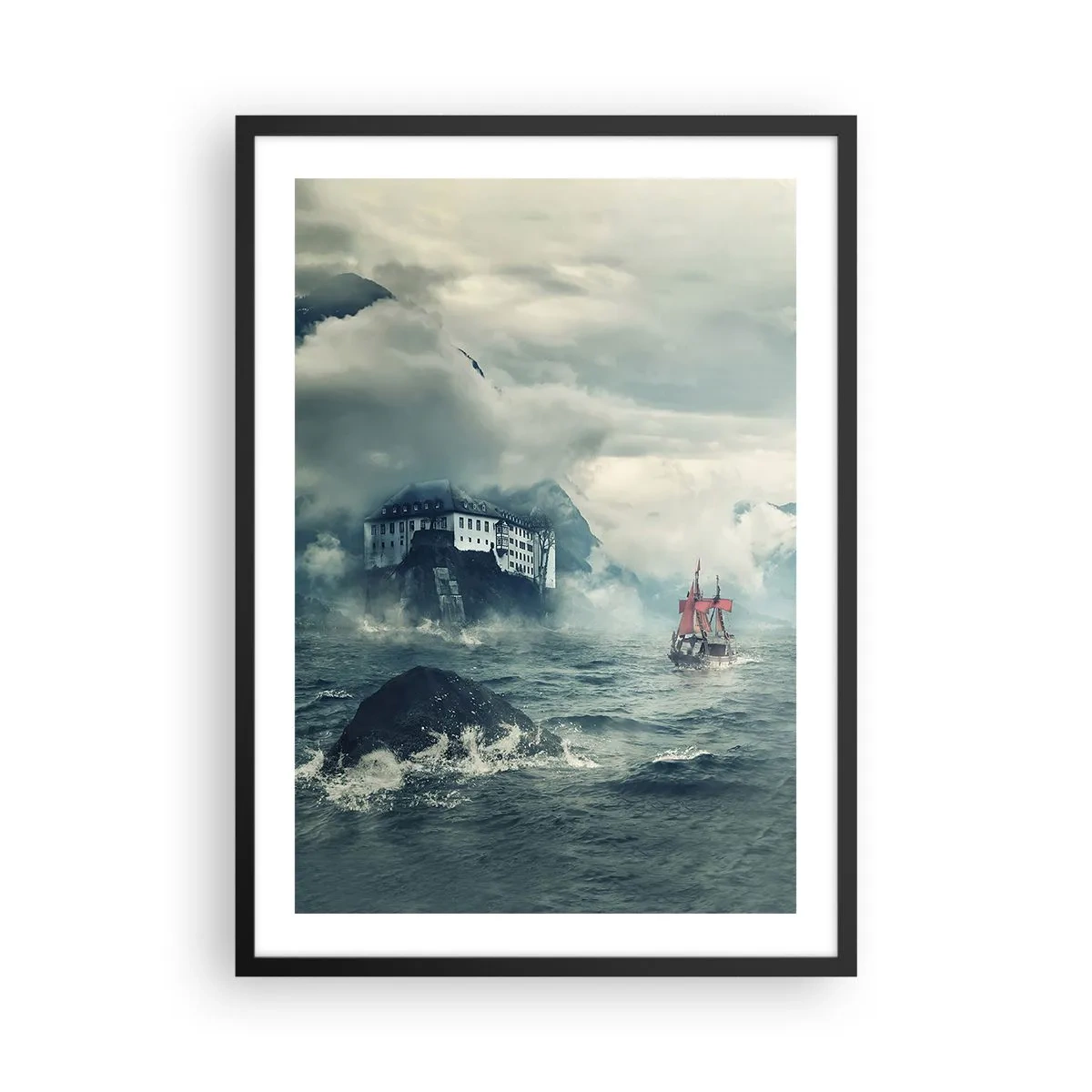 Plakat w czarnej ramie - Statek na wzburzonym morzu przy zamku we mgle - 50x70cm - Na magicznych wodach - Nowoczesna dekoracja ścienna do salonu i sypialni ARTTOR