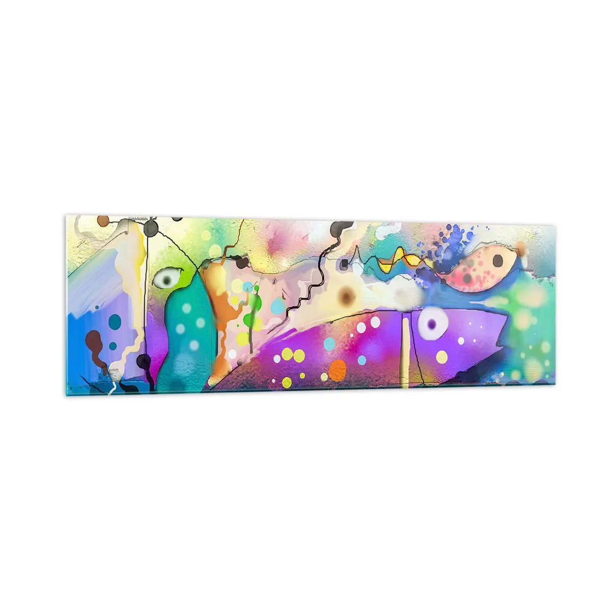 Obraz na szkle - Abstrakcyjne ryby w kolorowej, surrealistycznej kompozycji - 160x50cm - Brak słów! - Nowoczesna dekoracja ścienna do salonu i sypialni ARTTOR