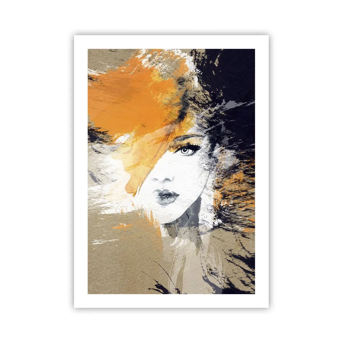 Plakat - Portret kobiety w artystycznym stylu z pomarańczowymi akcentami - 50x70cm - I staje się światło - Nowoczesna dekoracja ścienna do salonu, kuchni i sypialni ARTTOR