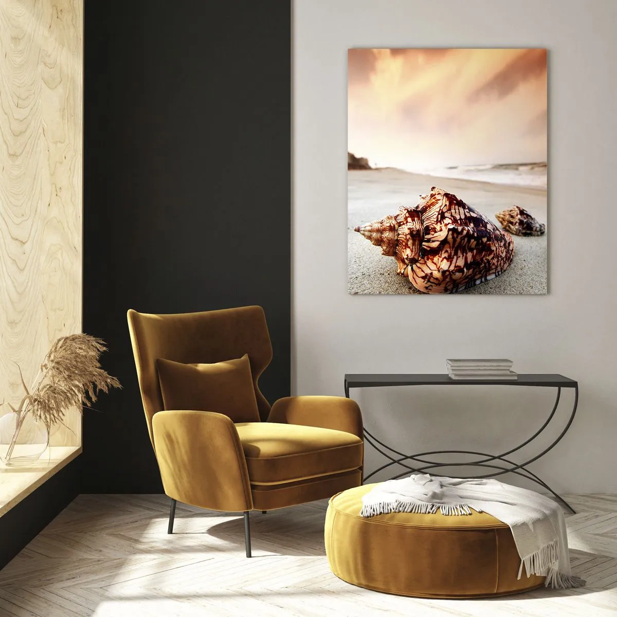 Obraz na szkle - Muszle na plaży o zachodzie słońca - 80x120cm - Wygnanki fal - Nowoczesna dekoracja ścienna do salonu i sypialni ARTTOR