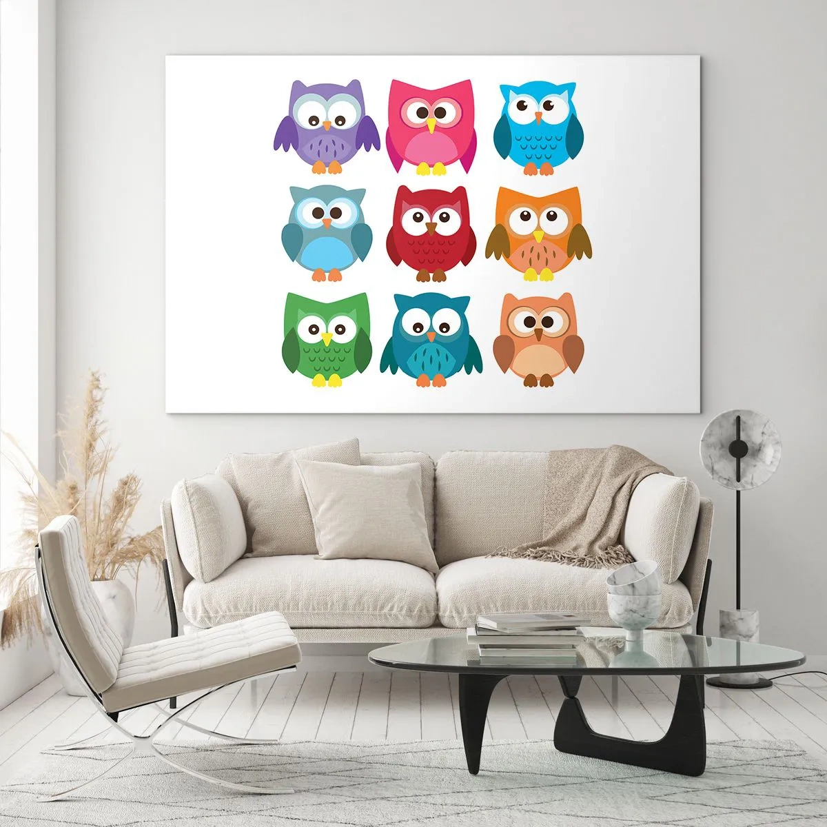 Obraz na szkle - Kolorowe sówki w rysunkowym stylu na białym tle - 100x70cm - Różnić można się zabawnie - Nowoczesna dekoracja ścienna do salonu, kuchni i sypialni ARTTOR