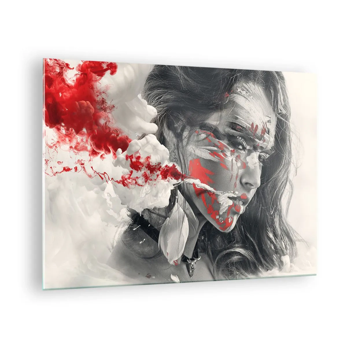 Obraz na szkle - Portret kobiety z abstrakcyjnymi czerwonymi i białymi wzorami - 70x50cm - W oparach absurdu - Nowoczesna dekoracja ścienna do salonu i sypialni ARTTOR