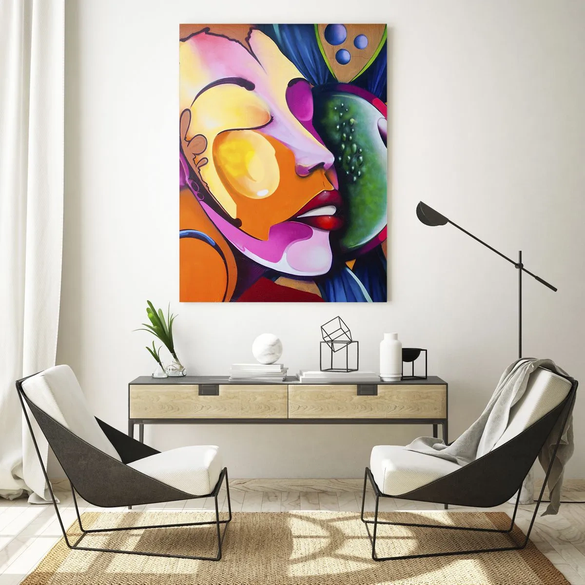 Obraz na szkle - Kolorowa abstrakcja twarzy w stylu street art - 50x70cm - Dotknąć kolorem - Nowoczesna dekoracja ścienna do salonu, kuchni i sypialni ARTTOR