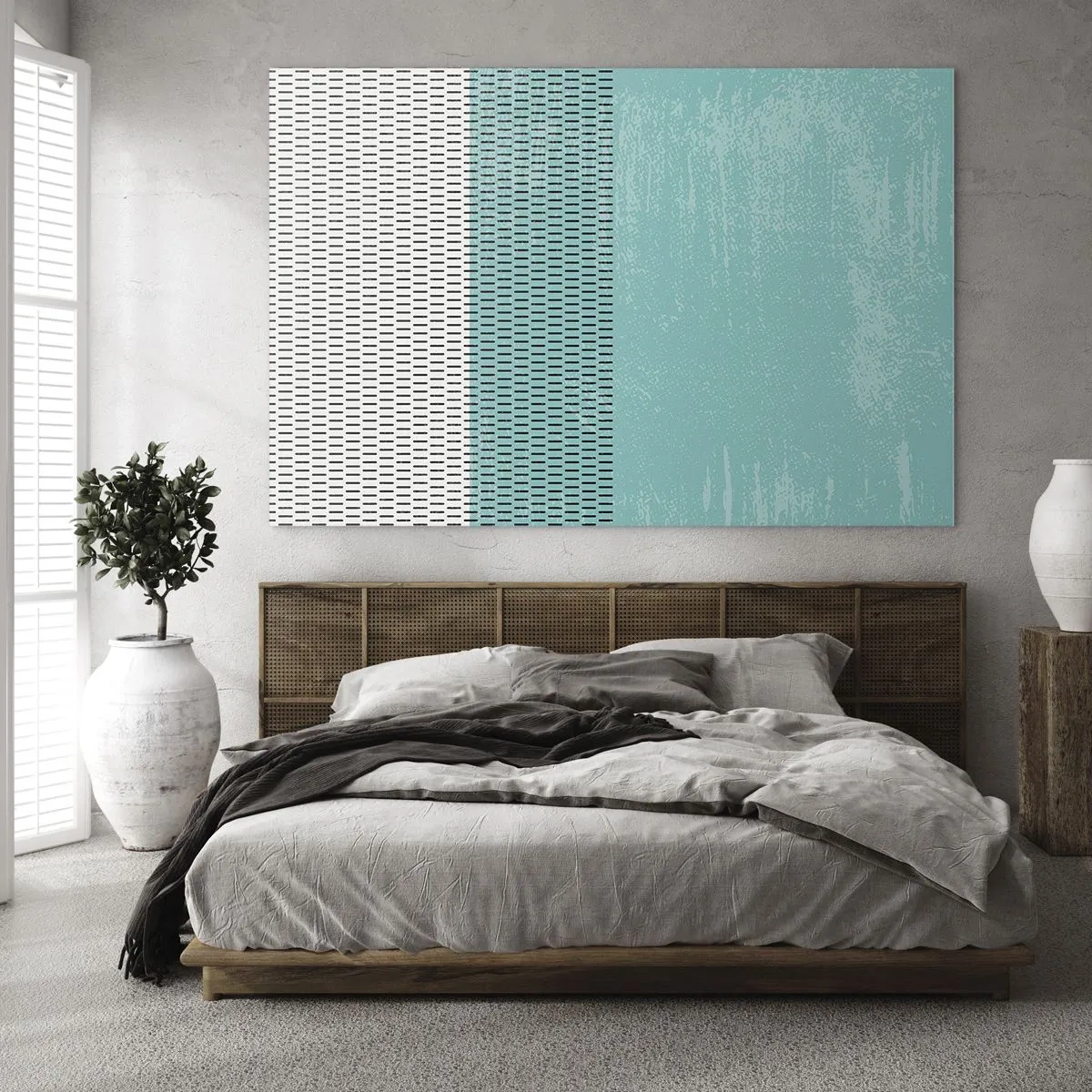 Obraz na szkle - Nowoczesna abstrakcja w turkusowo-białej kolorystyce - 70x50cm - Kompozycja zrównoważona - Nowoczesna dekoracja ścienna do salonu i sypialni ARTTOR