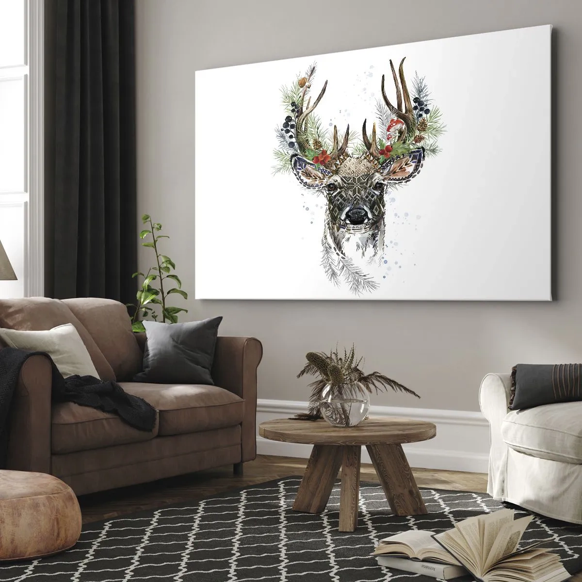 Obraz na płótnie - Stylizowany jeleń z ozdobnym porożem na białym tle - 70x50cm - W świątecznej szacie - Nowoczesna dekoracja ścienna do salonu i sypialni ARTTOR