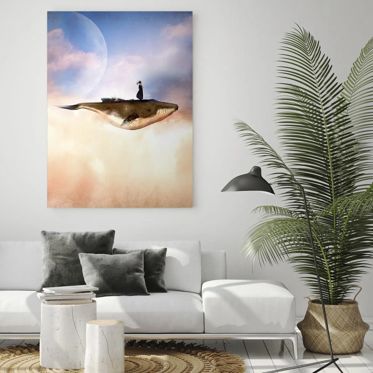 Obraz na szkle - Fantastyczna scena kobiety na wielorybie wśród chmur - 70x100cm - Nadrealna podróż - Nowoczesna dekoracja ścienna do salonu i sypialni ARTTOR