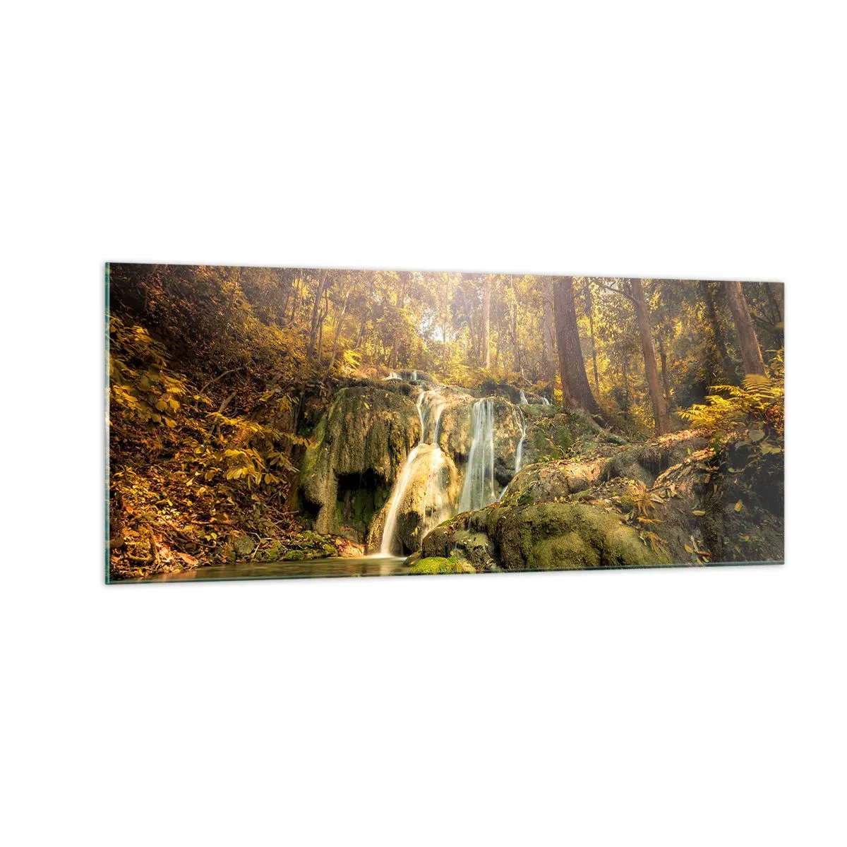 Obraz na szkle - Leśna kaskada w zieleni - 100x40 cm