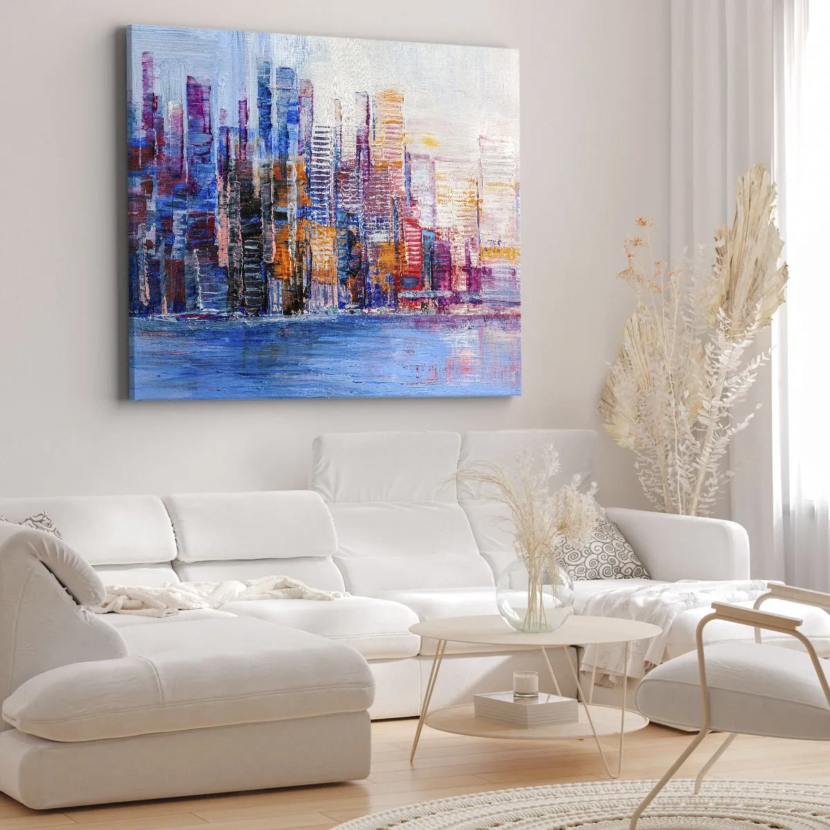 Obraz na płótnie - Kolorowa panorama miasta z refleksami na wodzie - 70x50cm - Radosna metropolia - Nowoczesna dekoracja ścienna do salonu i sypialni ARTTOR
