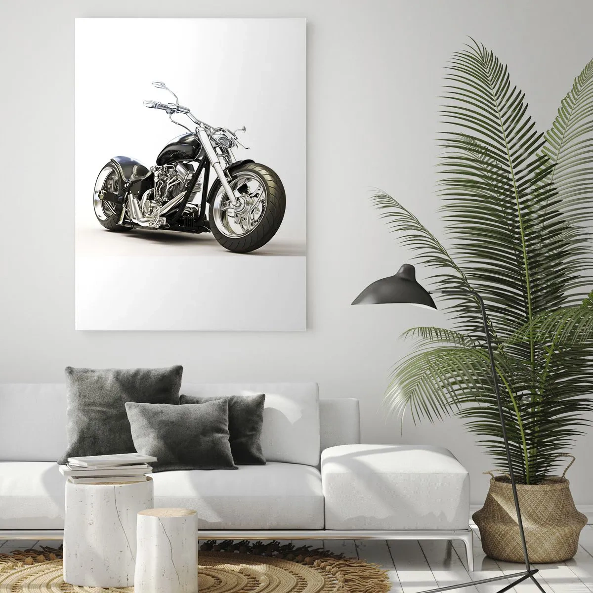 Obraz na szkle - Czarny motocykl typu chopper na jasnym tle - 50x70cm - Siła z charakterem - Nowoczesna dekoracja ścienna do salonu, kuchni i sypialni ARTTOR
