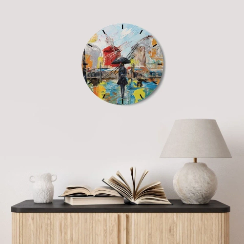 Zegar ścienny - Kolorowa scena miejska z kobietą i wiatrakiem - 30x30cm - Paryskie legendy - Nowoczesna dekoracja ścienna do salonu, kuchni i sypialni ARTTOR