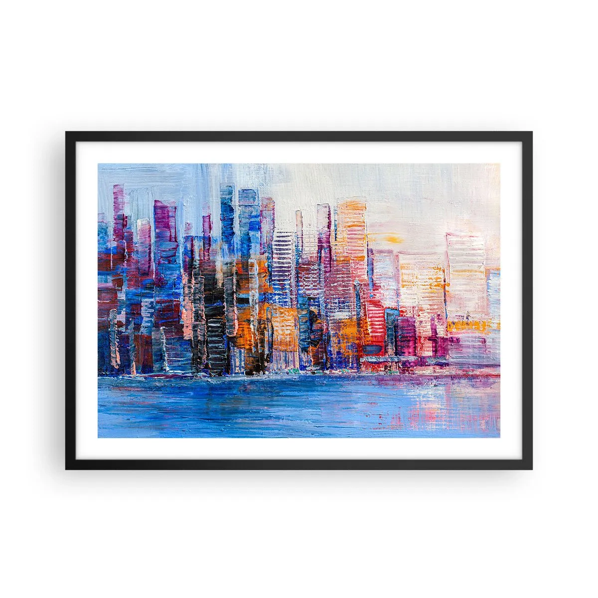 Plakat w czarnej ramie - Kolorowa panorama miasta z refleksami na wodzie - 70x50cm - Radosna metropolia - Nowoczesna dekoracja ścienna do salonu i sypialni ARTTOR