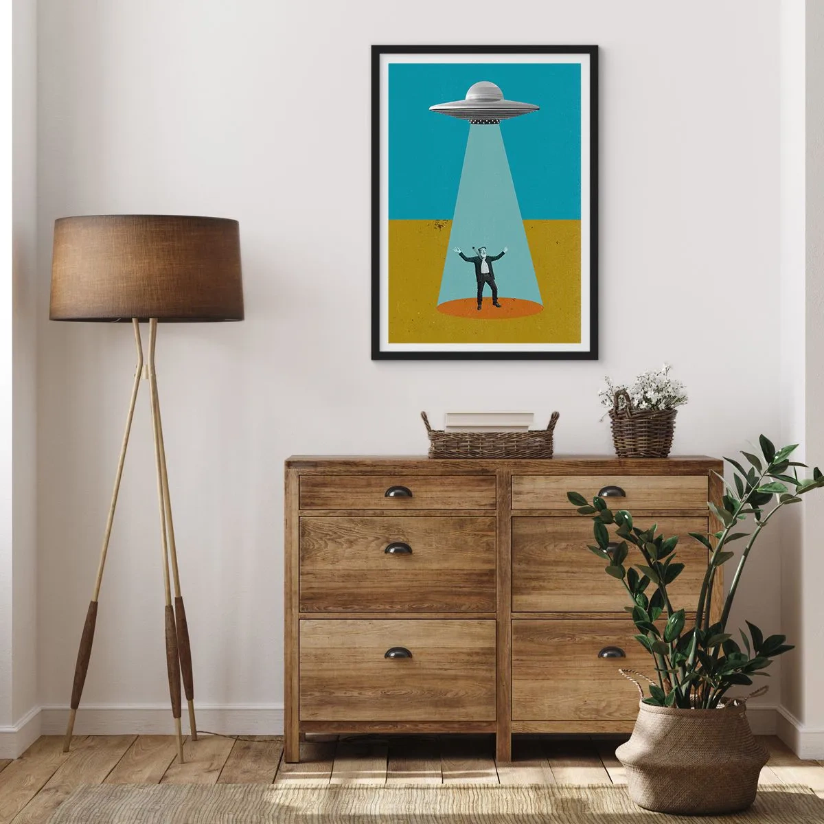 Plakat w czarnej ramie - Retro ilustracja przedstawiająca porwanie przez UFO - 50x70cm - Bliskie spotkanie - Nowoczesna dekoracja ścienna do salonu i sypialni ARTTOR