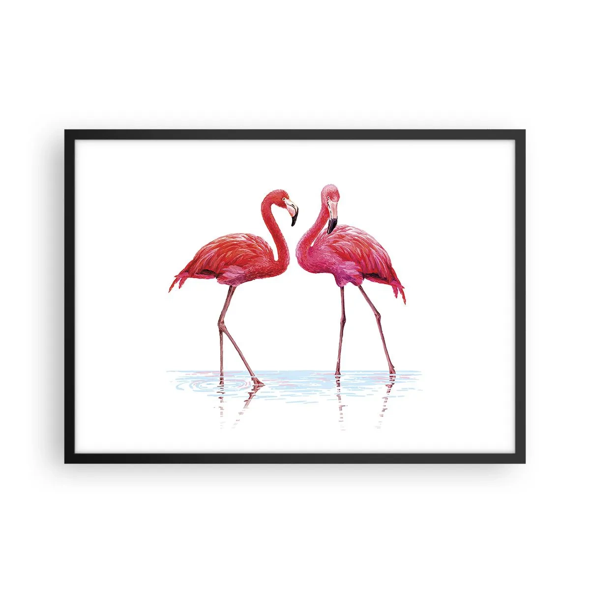Plakat w czarnej ramie - Para flamingów w wodzie na jasnym tle - 70x50cm - Różowe randez-vous - Nowoczesna dekoracja ścienna do salonu i sypialni ARTTOR