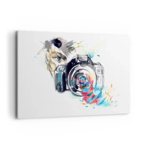 Obraz na płótnie - Akwarela aparatu fotograficznego z kolorowymi detalami - 120x80cm - W oku obiektywu - Nowoczesna dekoracja ścienna do salonu, kuchni i sypialni ARTTOR