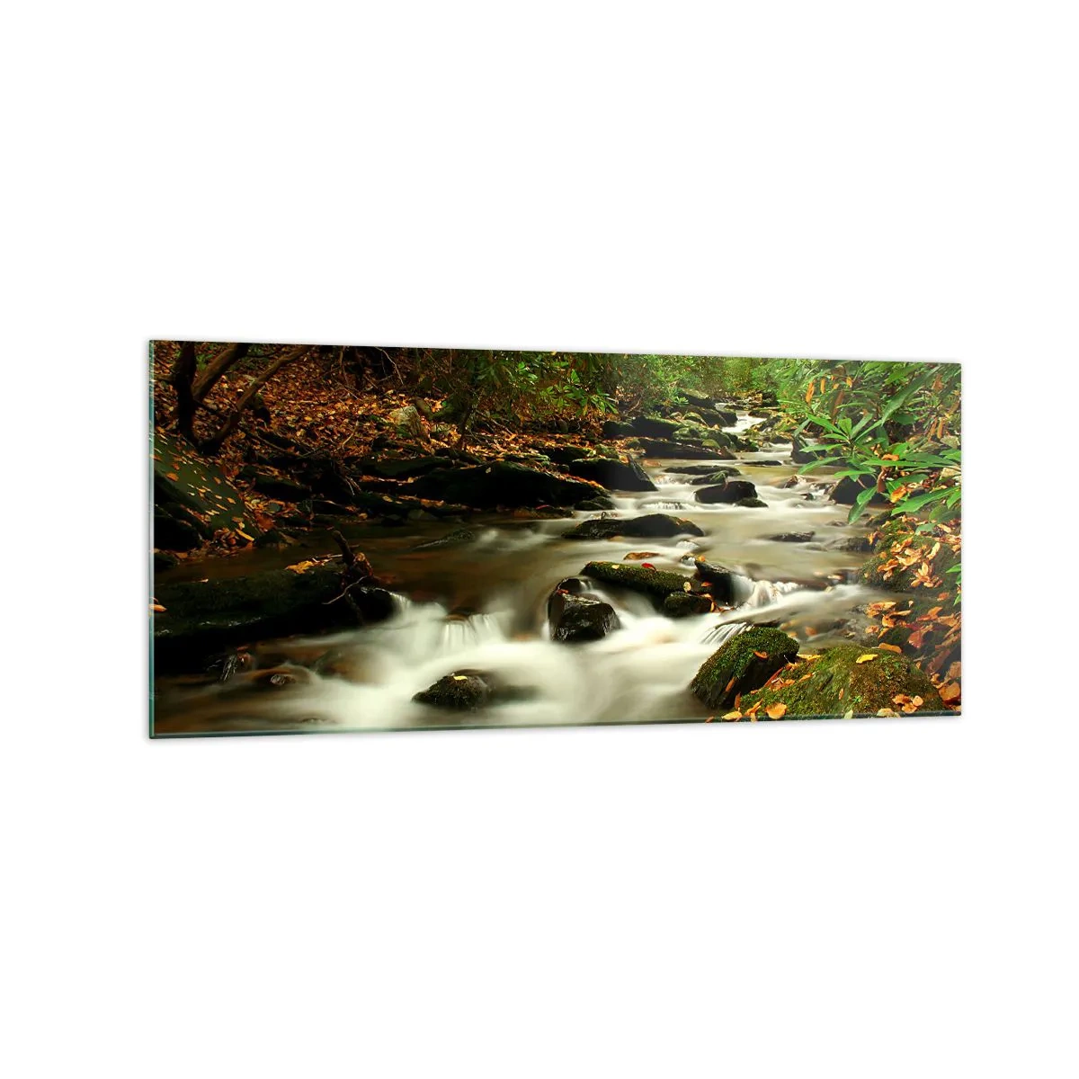 Obraz na szkle - Leśny strumień płynący pomiędzy kamieniami otoczony zielenią - 120x50cm - Jak płynne srebro - Nowoczesna dekoracja ścienna do salonu i sypialni ARTTOR