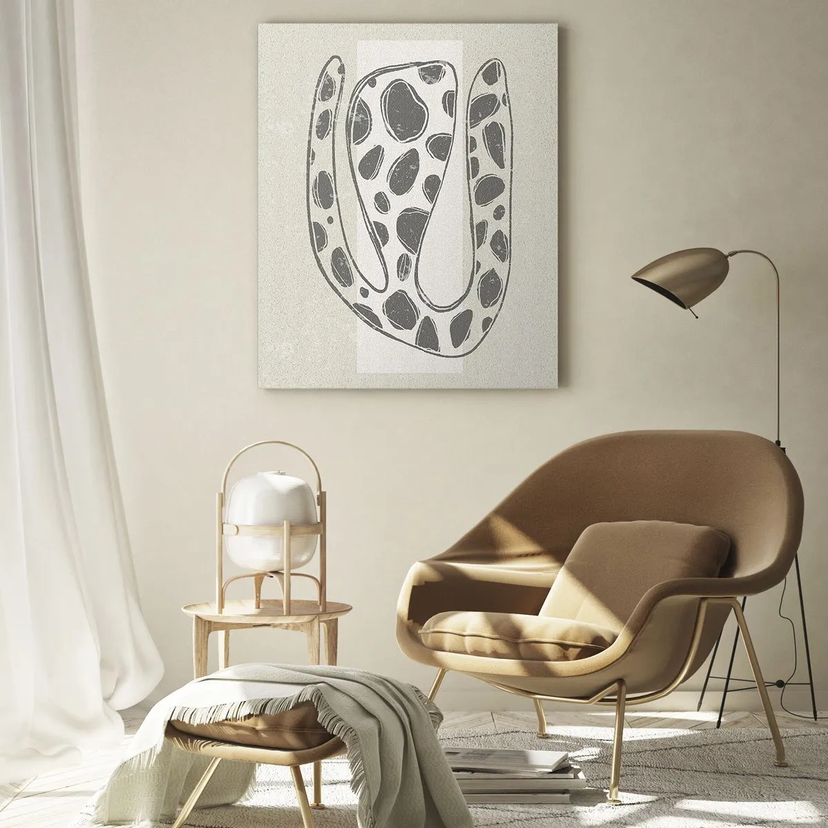 Obraz na szkle - Fantazyjna organiczna forma w odcieniach szarości na beżu - 50x70cm - Przedziwne stworzenie - Nowoczesna dekoracja ścienna do salonu, kuchni i sypialni ARTTOR