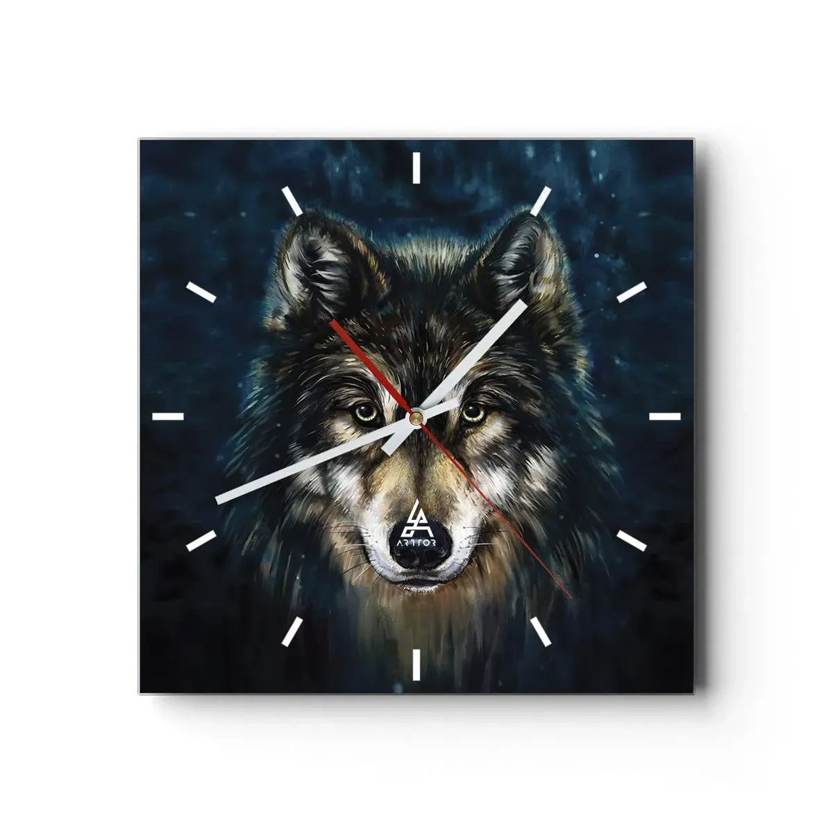 Zegar ścienny - Portret wilka na ciemnym tle w odcieniach niebieskiego - 30x30cm - Alfa? I omega - Nowoczesna dekoracja ścienna do salonu i sypialni ARTTOR