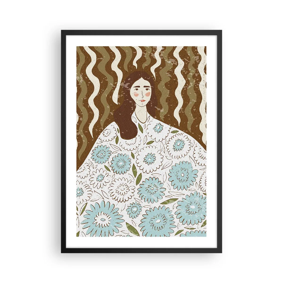 Plakat w czarnej ramie - Stylizowany portret kobiety z kwiatową suknią na tle falistych wzorów - 50x70cm - Portret w kwiecistej szacie - Nowoczesna dekoracja ścienna do salonu i sypialni ARTTOR