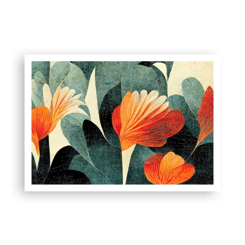 Plakat - Kwiaty w intensywnych odcieniach pomarańczu i zieleni - 100x70cm - Żar tropików i chłód zieleni - Nowoczesna dekoracja ścienna do salonu i sypialni ARTTOR