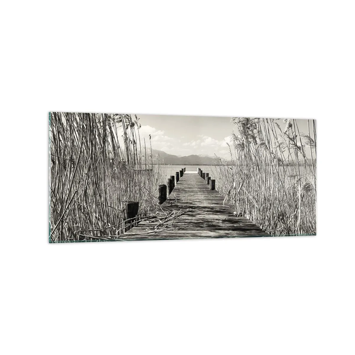 Obraz na szkle - Drewniany pomost wśród wysokich traw nad jeziorem w odcieniach sepia - 120x50cm - W zaciszu traw - Nowoczesna dekoracja ścienna do salonu i sypialni ARTTOR