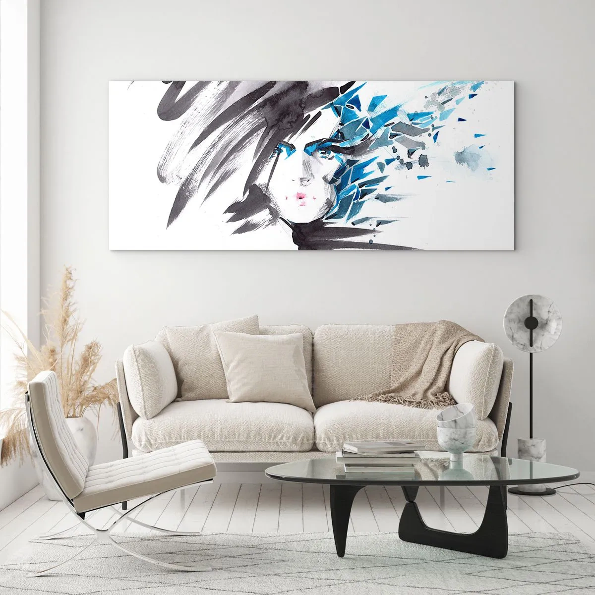 Obraz na szkle - Portret zmysłowy w szarości i błękicie - 90x30 cm