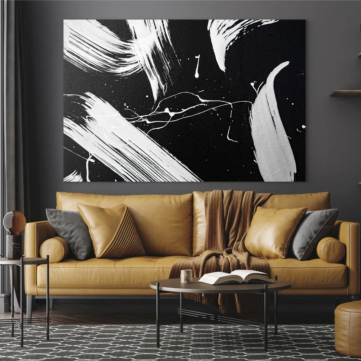 Obraz na szkle - Białe pociągnięcia pędzla na czarnym tle - 70x50cm - Przełamać mrok - Nowoczesna dekoracja ścienna do salonu i sypialni ARTTOR