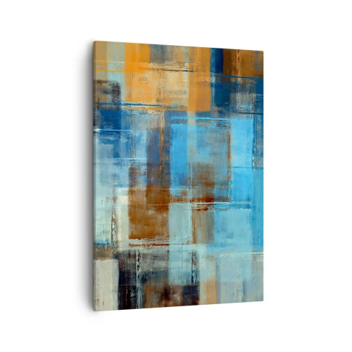 Obraz na płótnie - Abstrakcyjna kompozycja w odcieniach niebieskiego i pomarańczowego - 50x70cm - Przez błękitną zasłonę - Nowoczesna dekoracja ścienna do salonu, kuchni i sypialni ARTTOR