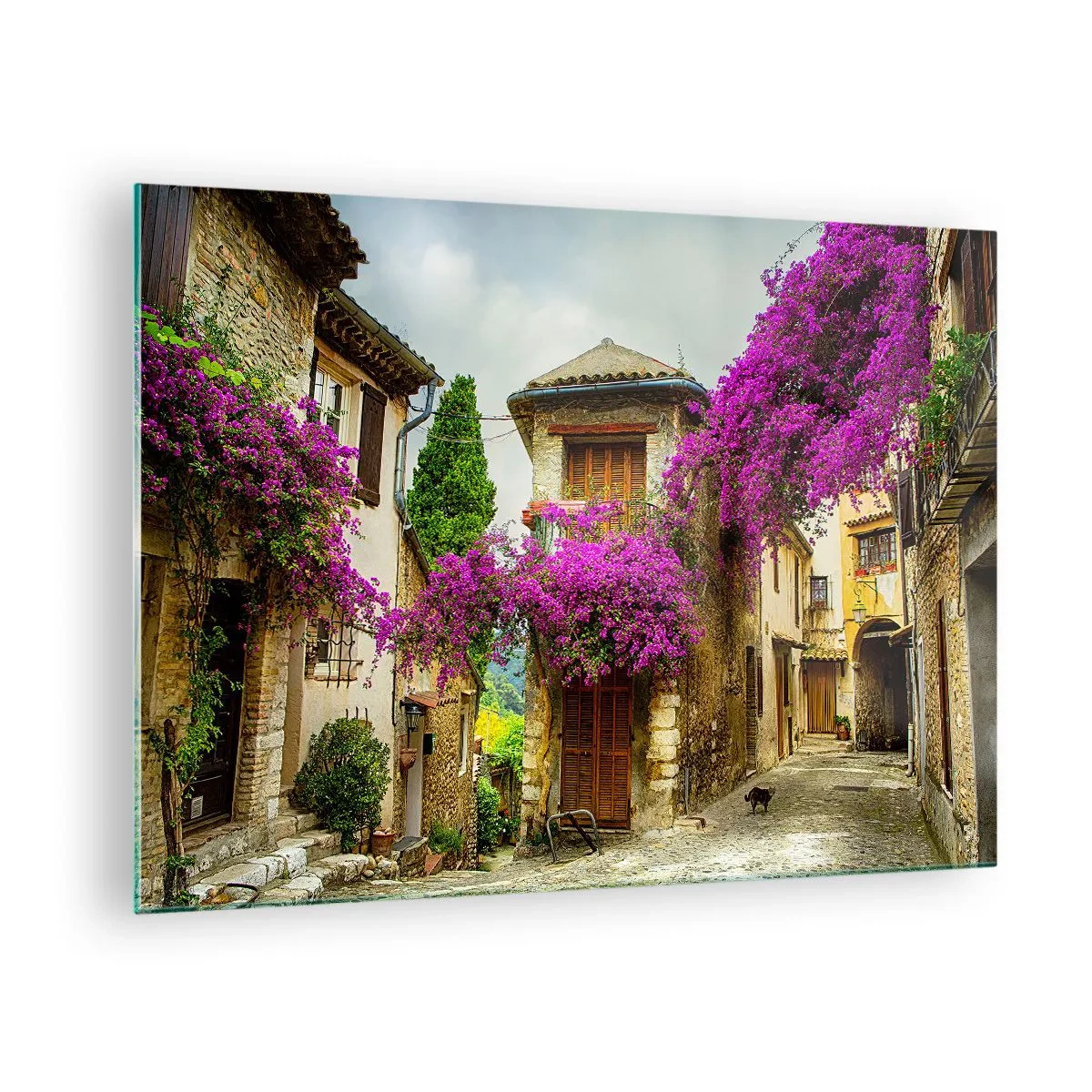 Obraz na szkle - Urocza uliczka z kwitnącymi różowymi pnączami i kamienicami - 70x50cm - Pod kwietnym baldachimem - Nowoczesna dekoracja ścienna do salonu i sypialni ARTTOR