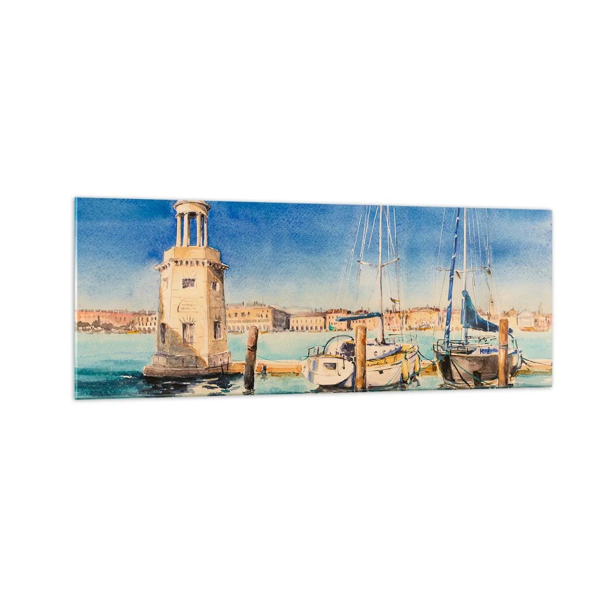 Obraz na szkle - Marina z łodziami na tle błękitnej laguny - 140x50cm - Słoneczna laguna - Nowoczesna dekoracja ścienna do salonu i sypialni ARTTOR