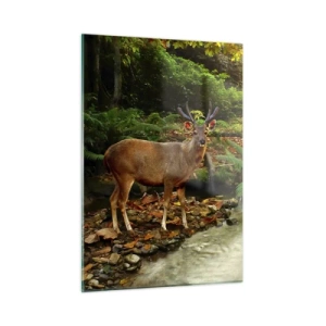Obraz na szkle - Jeleń przy strumieniu w lesie oświetlonym słońcem - 50x70cm - Witam w moim świecie - Nowoczesna dekoracja ścienna do salonu, kuchni i sypialni ARTTOR