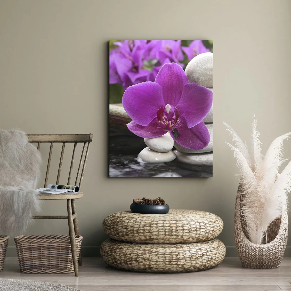 Obraz na płótnie - Fioletowa orchidea, kamienie i bambus z wodą w relaksacyjnym otoczeniu - 80x120cm - Już odpoczywasz - Nowoczesna dekoracja ścienna do salonu i sypialni ARTTOR