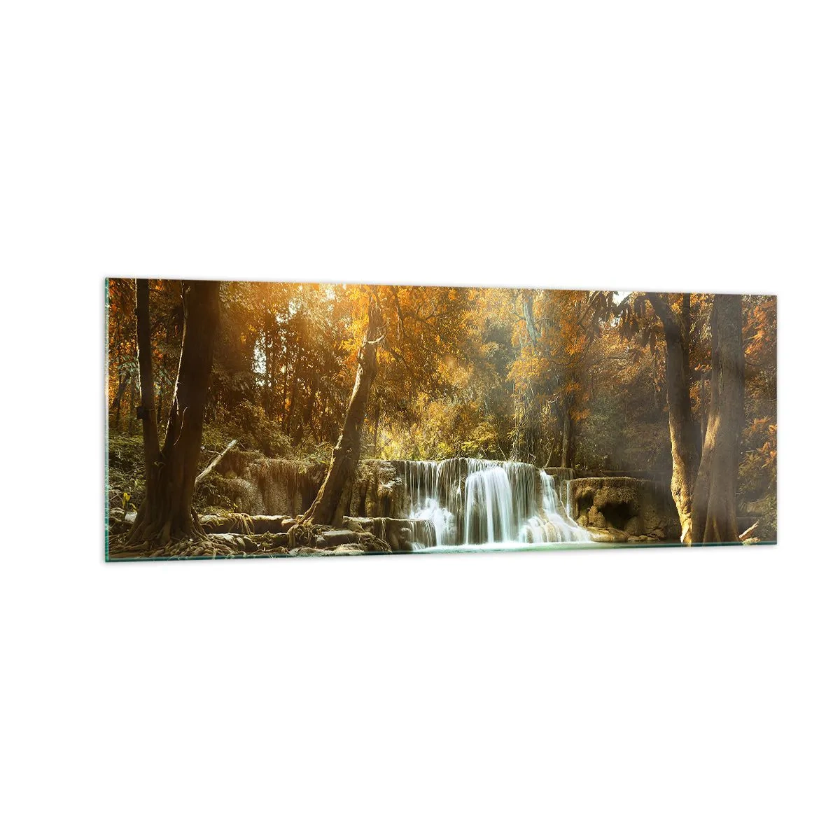 Obraz na szkle - Jesienny krajobraz z wodospadem - 140x50cm - Parkowa kaskada - Nowoczesna dekoracja ścienna do salonu i sypialni ARTTOR