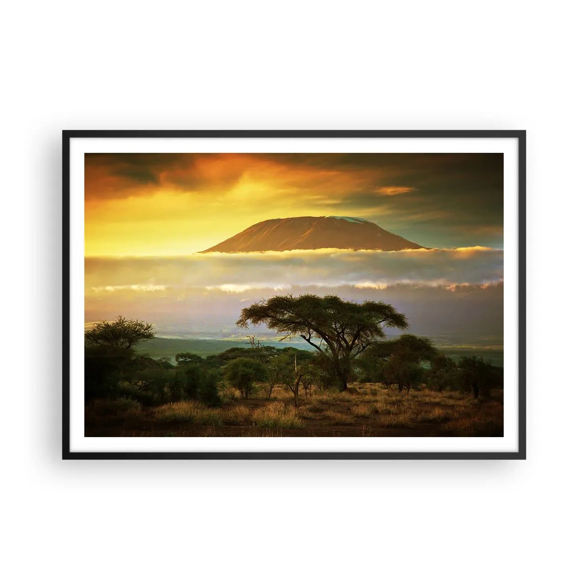 Plakat w czarnej ramie - Afrykański krajobraz z Kilimandżaro o wschodzie słońca - 100x70cm - Sen podróżnika - Nowoczesna dekoracja ścienna do salonu i sypialni ARTTOR